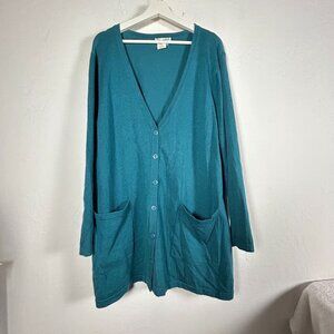 Ulla Popken Womens V-Neck Cardigan Sweater Size 16/18 Teal Button Front Pockets